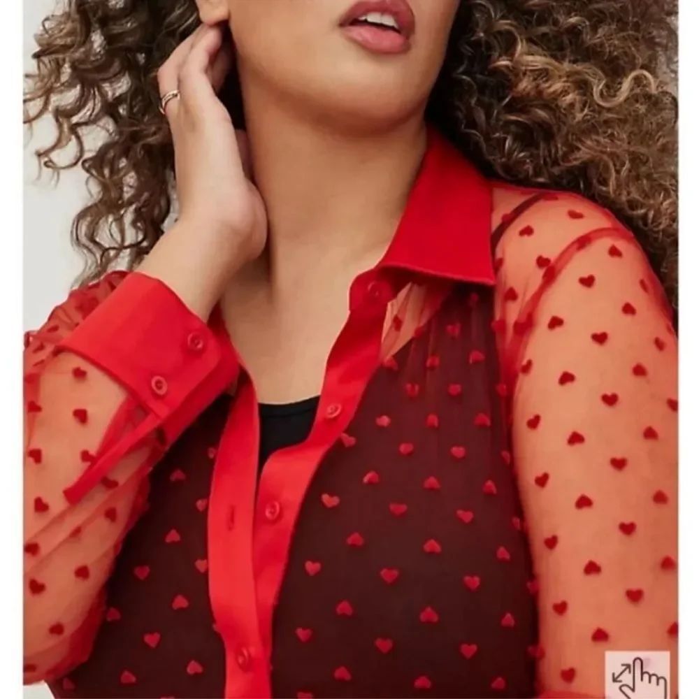 Torrid Heart Design Red Sheer Mesh Long Sleeve Button Kimono Romantic Modern NWT - Picture 3 of 16